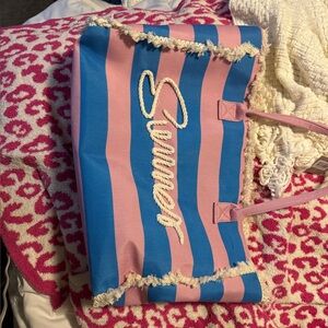 Striped Blue & Pink Tote with Rope Script